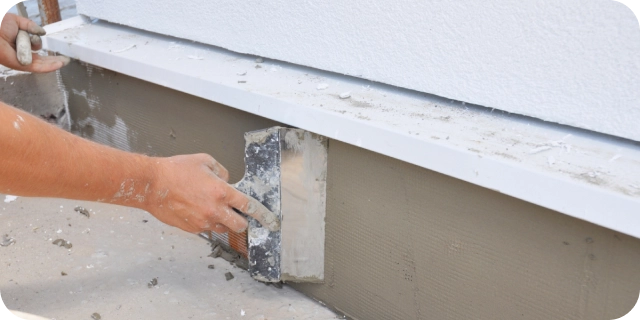 Un trabajador reparando un muro y colocando yeso