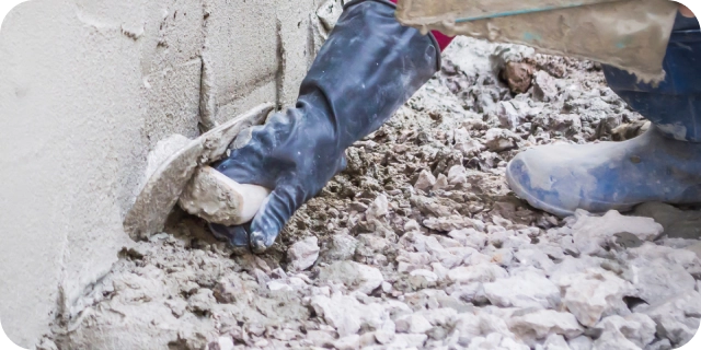Un trabajador colocando mortero para sellando un muro